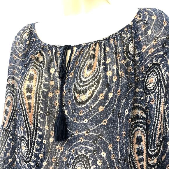 Lucky Brand Blue Pink Paisley Long Sleeve Popover Top Elastic Waist Tassel Ties - Picture 14 of 16